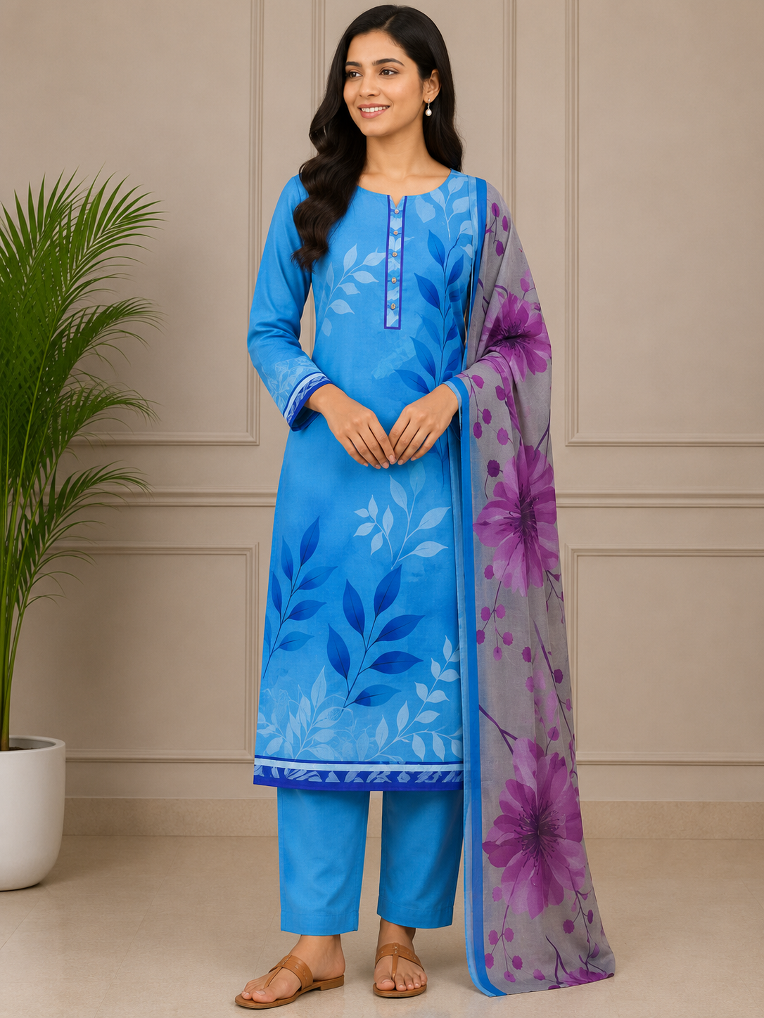 Blue Floral Printed 3 Piece Lawn Suit for Women – Elegant Summer Collection