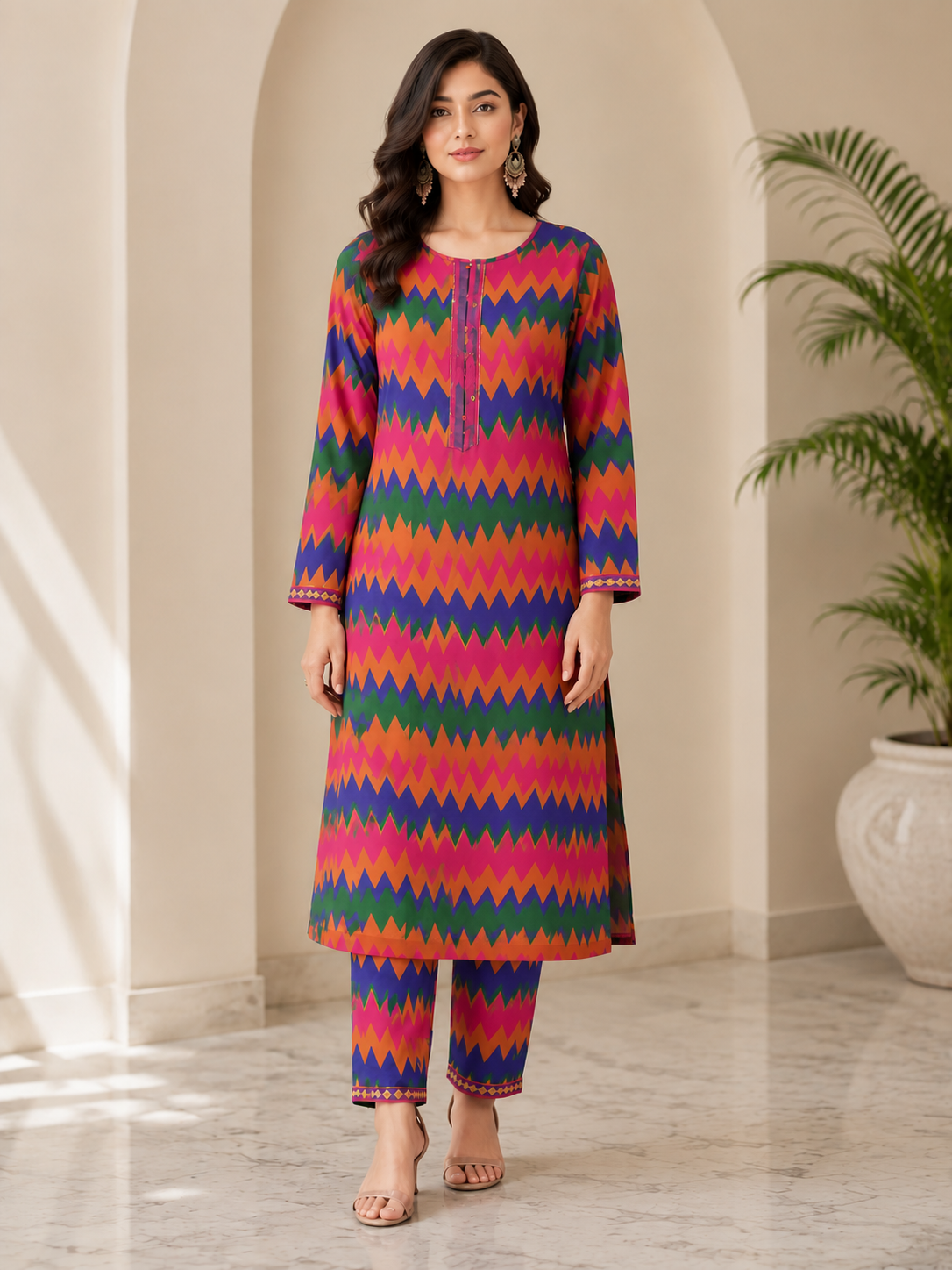 Colorful Zigzag Digital Print Women's 2 Piece Suit | Stylish Casual Kurti & Pants Set