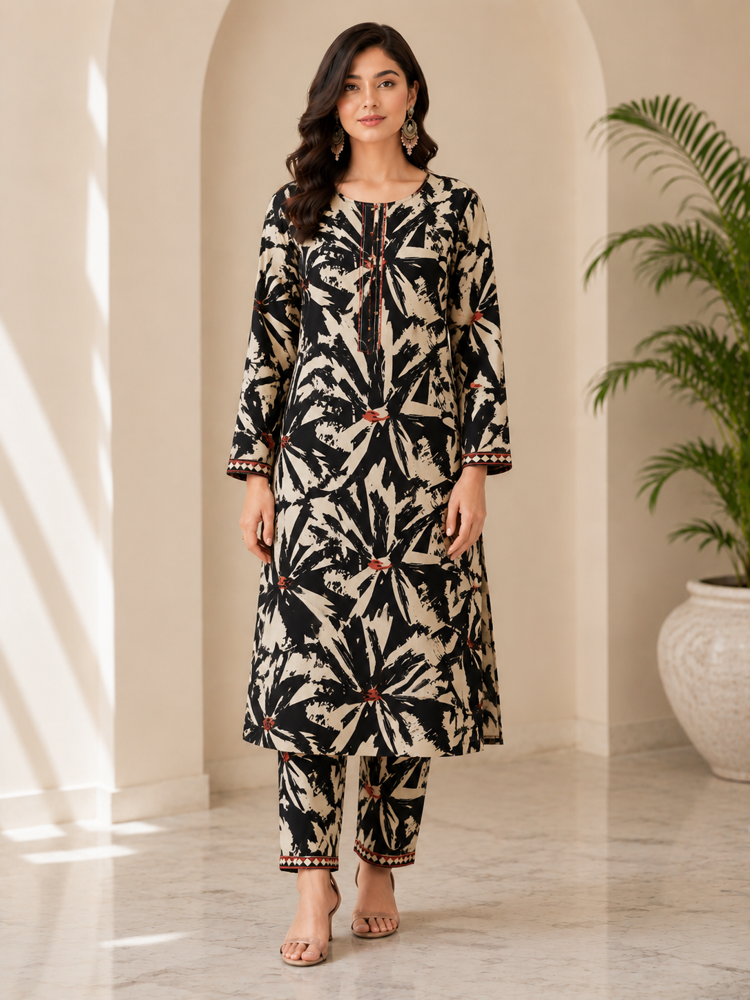 Elegant Black & Beige Digital Printed 2 Piece Lawn Suit for Women | Soft Summer Casual Wear