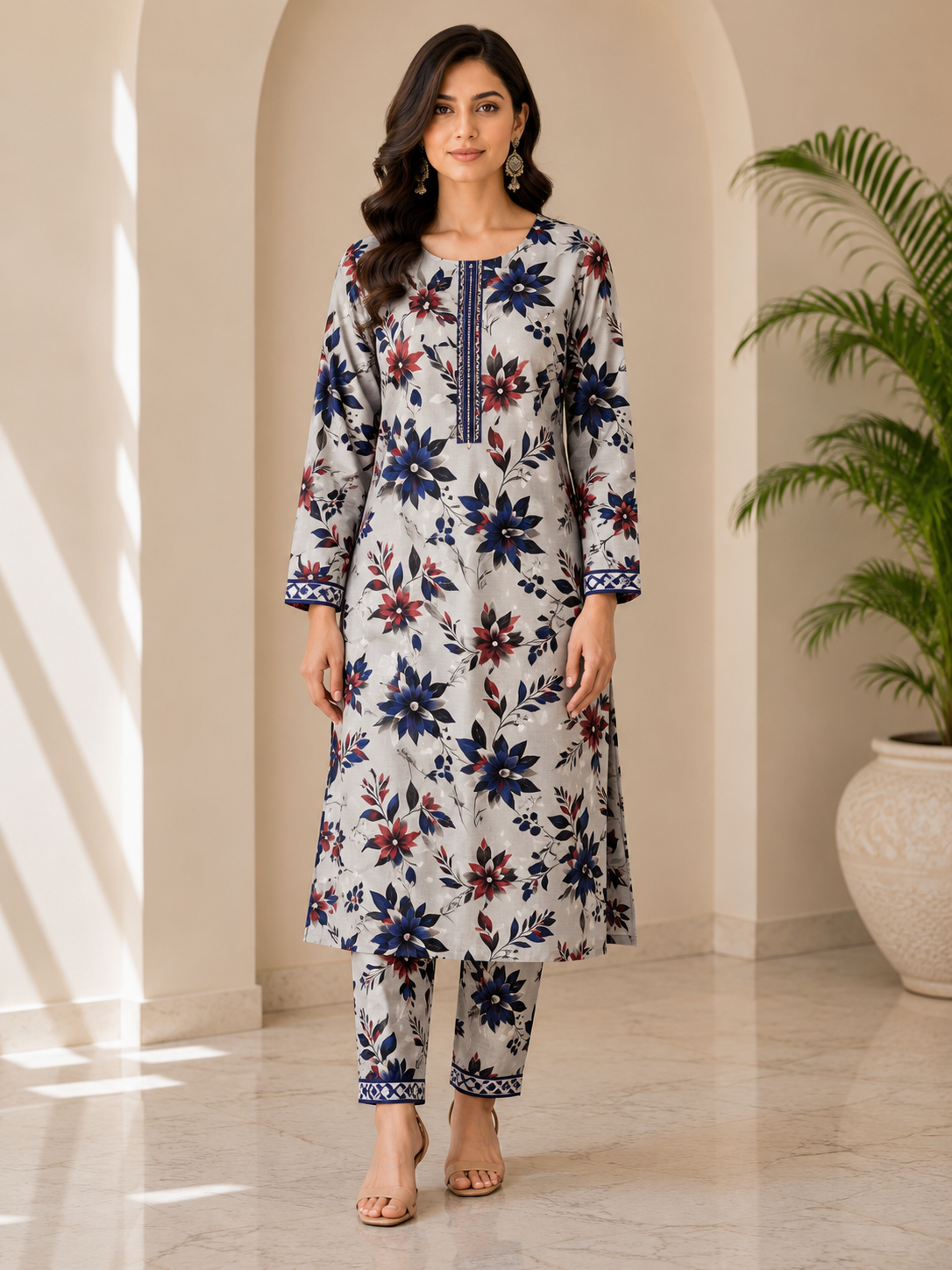 Elegant Grey Floral Printed 2 Piece Lawn Suit for Women – Soft & Stylish Summer Wear
