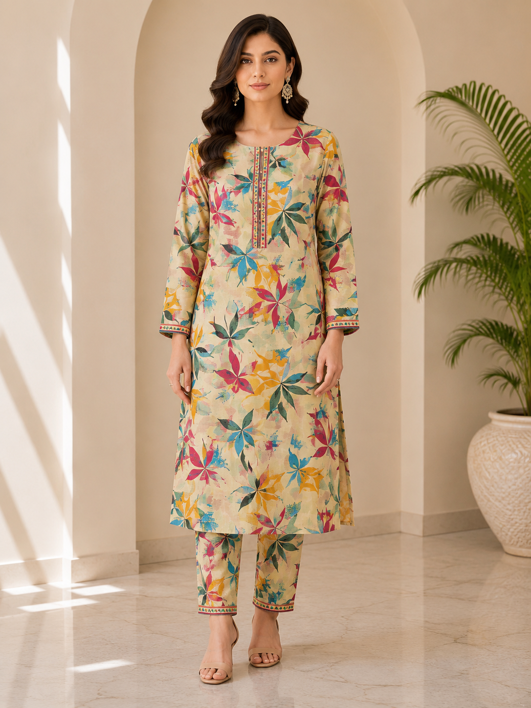 Elegant Beige Floral Printed 2 Piece Lawn Suit for Women – Soft & Stylish Summer Wear