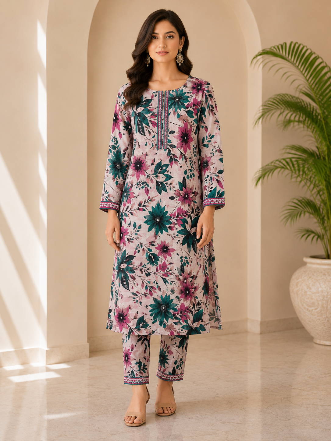 Elegant Floral DigitaElegant Floral Digital Print 2 Piece Women's Suit – Soft Pink & Teal Casual Wearl Print 2 Piece Women's Suit – Soft Pink & Teal Casual Wear