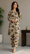 Elegant Beige Floral Printed Lawn 2 Piece Suit – Soft Summer Collection