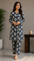 Elegant Navy Blue Daisy Printed Lawn 2 Piece Suit – Premium Summer Collection