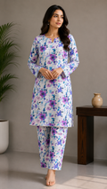 Elegant Purple Floral Printed 2-Piece Suit with Matching Trouser