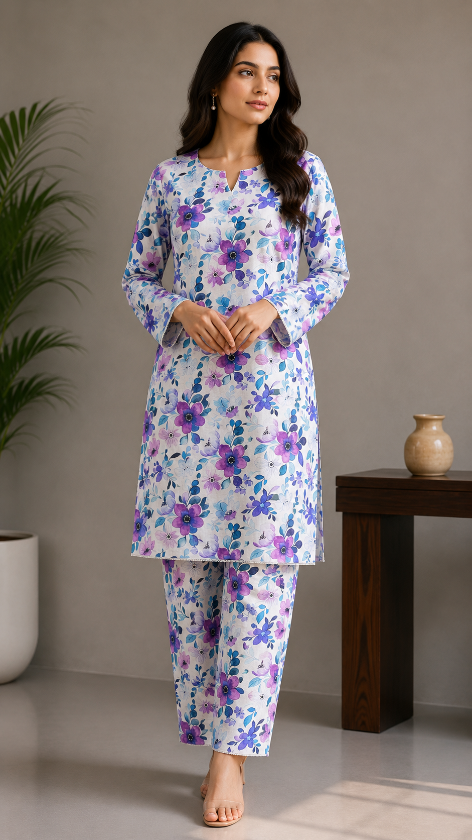 Elegant Purple Floral Printed 2-Piece Suit with Matching Trouser