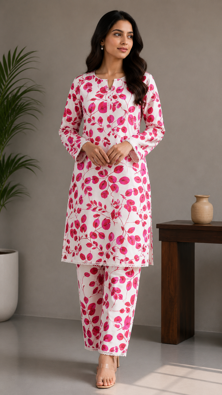 Elegant Magenta Floral Leaf Printed Cotton 2-Piece Suit Set with Matching Straight Pants