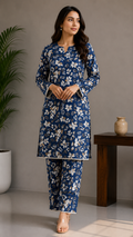 Elegant Royal Blue Floral Printed Cotton 2-Piece Suit Set with Matching Straight Pants