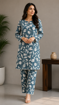 Chic Teal Blue Floral Printed Cotton 2-Piece Suit Set with Matching Straight Pants