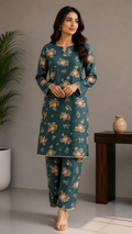 Title: Stunning Dark Green Floral Printed Cotton 2-Piece Suit Set with Matching Straight PantsTitle: Stunning Dark Green Floral Printed Cotton 2-Piece Suit Set with Matching Straight Pants