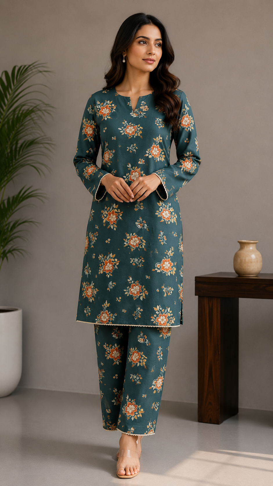 Title: Stunning Dark Green Floral Printed Cotton 2-Piece Suit Set with Matching Straight PantsTitle: Stunning Dark Green Floral Printed Cotton 2-Piece Suit Set with Matching Straight Pants