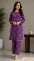 Vibrant Deep Purple Mandana Printed Cotton 2-Piece Suit Set with Matching Straight Pants