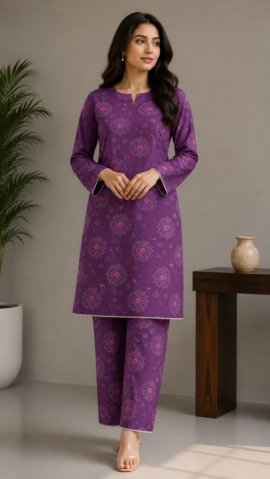 Vibrant Deep Purple Mandana Printed Cotton 2-Piece Suit Set with Matching Straight Pants