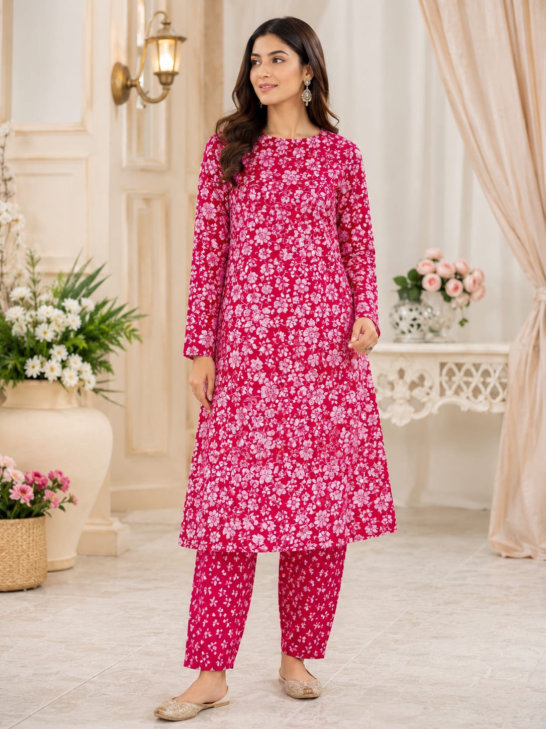 Fuchsia Pink Floral Printed 2 Piece Lawn Suit for Women