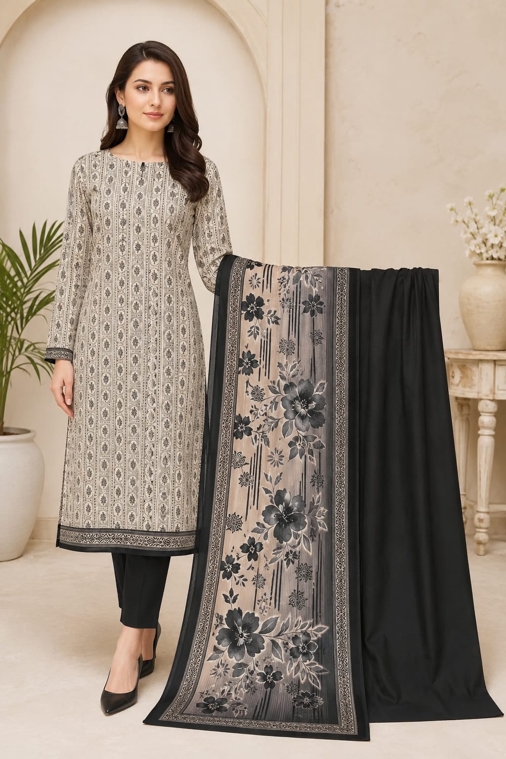 Elegant Grey & Black Printed 3 Piece Lawn Suit for Women