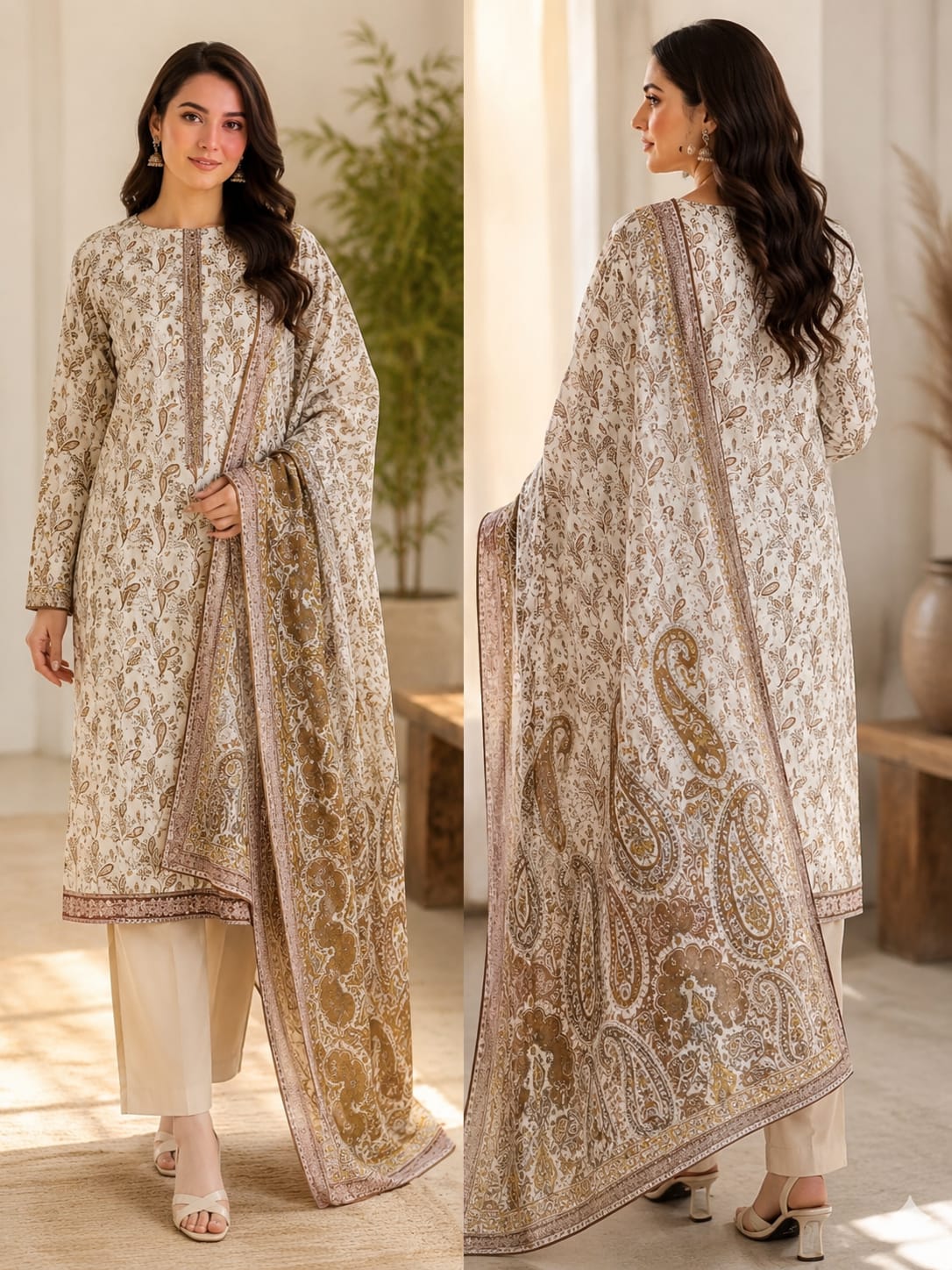 Elegant Beige Paisley Printed 3 Piece Lawn Suit for Women
