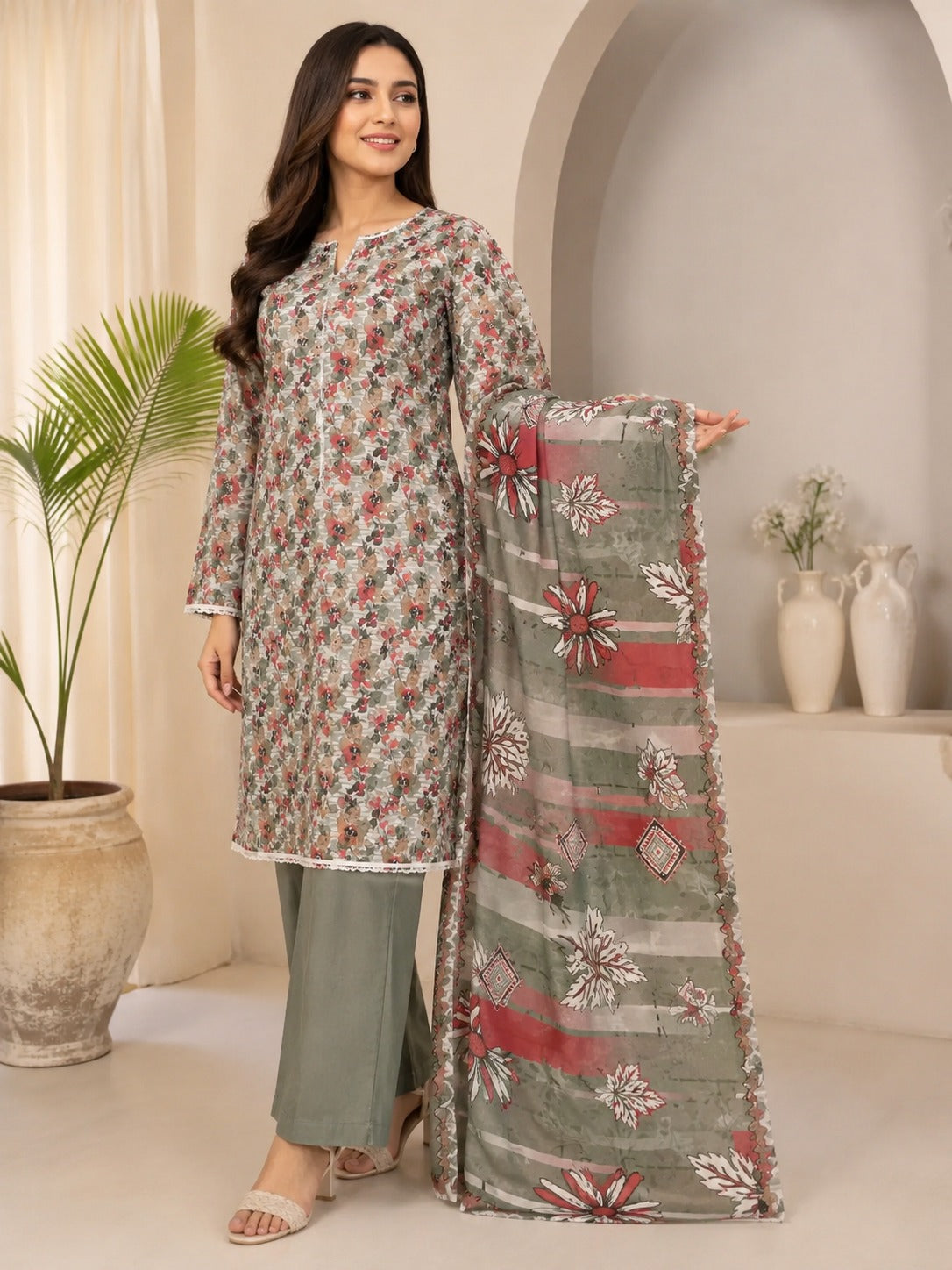 Elegant Sage Green Printed 3 Piece Lawn Suit for Women