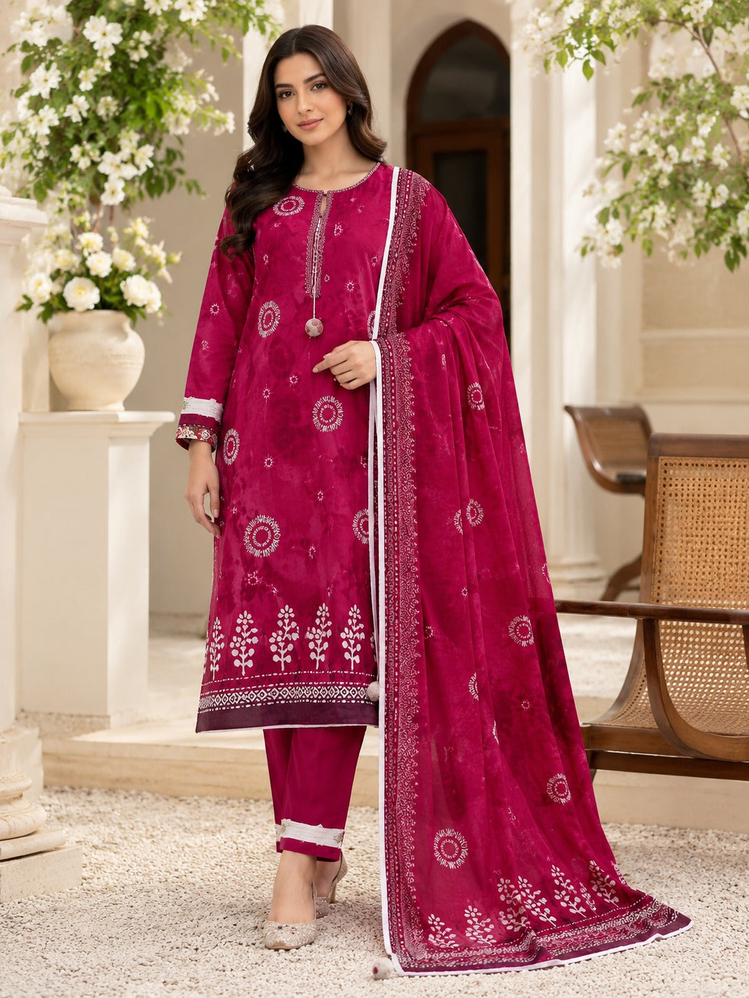 Luxury Magenta Printed 3 Piece Lawn Suit | Printed Shirt, Trouser & Matching Dupatta
