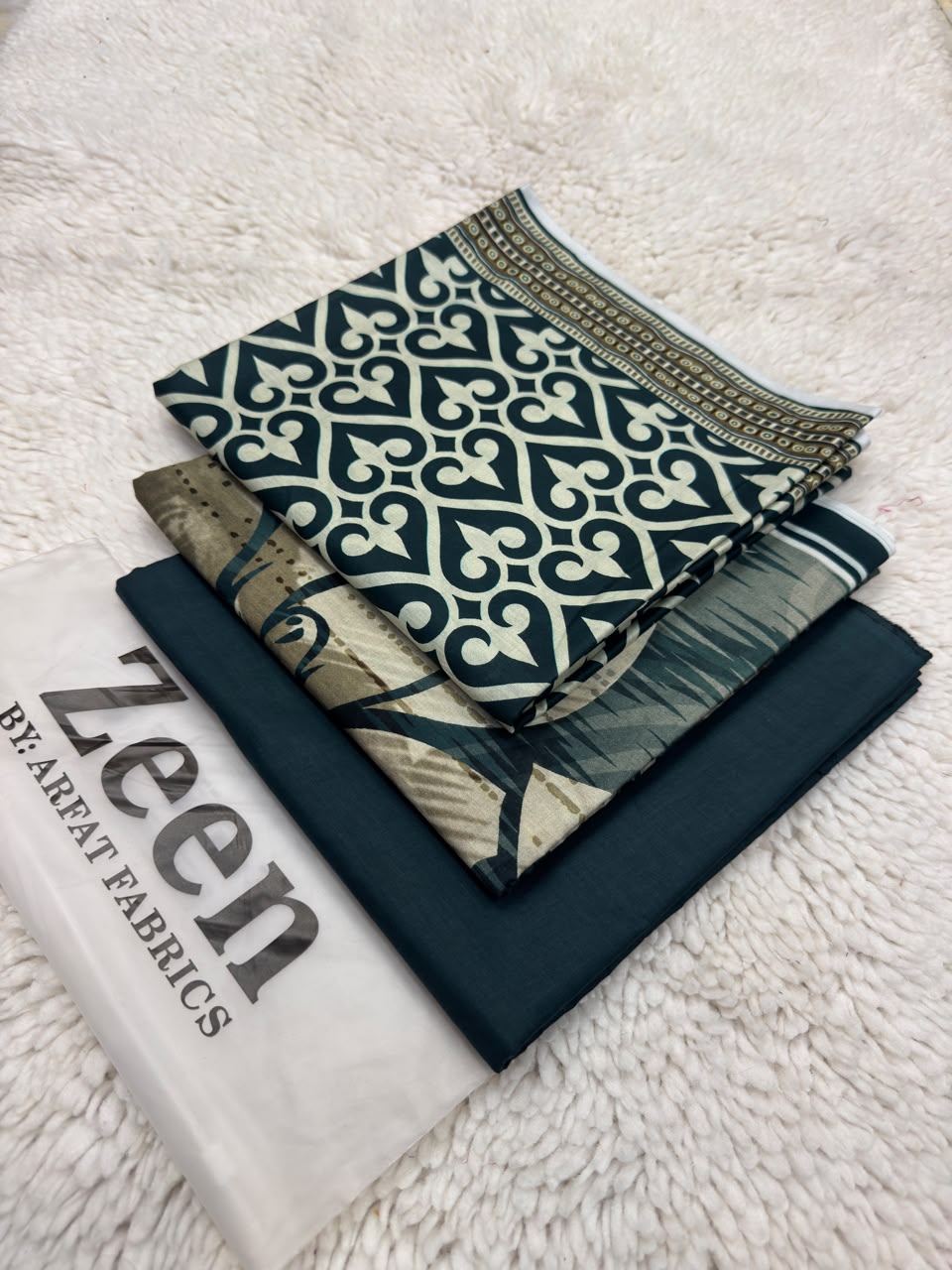 3 Piece Printed Lawn Suit for Women – Elegant Teal & Beige Design | Unstitched