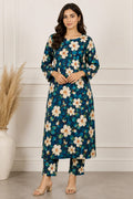 Vibrant Peacock Blue Big Blossom Floral Printed Cotton 2-Piece Suit Set with Matching Straight Pants