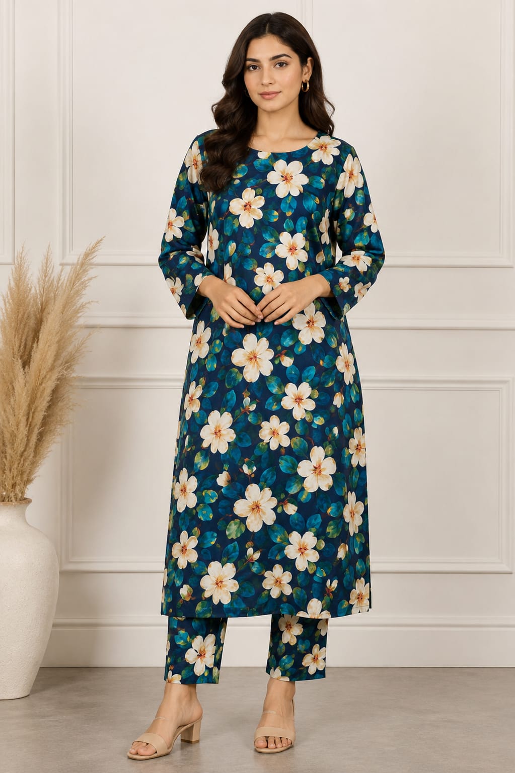 Vibrant Peacock Blue Big Blossom Floral Printed Cotton 2-Piece Suit Set with Matching Straight Pants