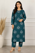 Graceful Deep Teal Floral Motif Printed Cotton 2-Piece Suit Set with Matching Straight Pants