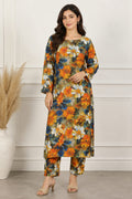 Radiant Mustard and Orange Floral Printed Cotton 2-Piece Suit Set with Matching Straight Pants