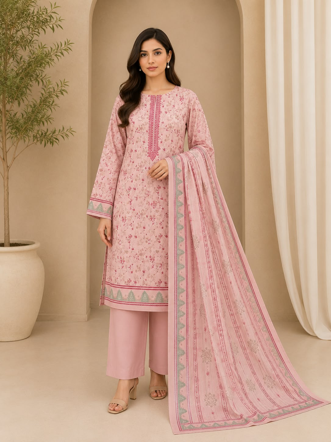 Elegant Pink Printed Lawn 3-Piece Suit with Printed Dupatta