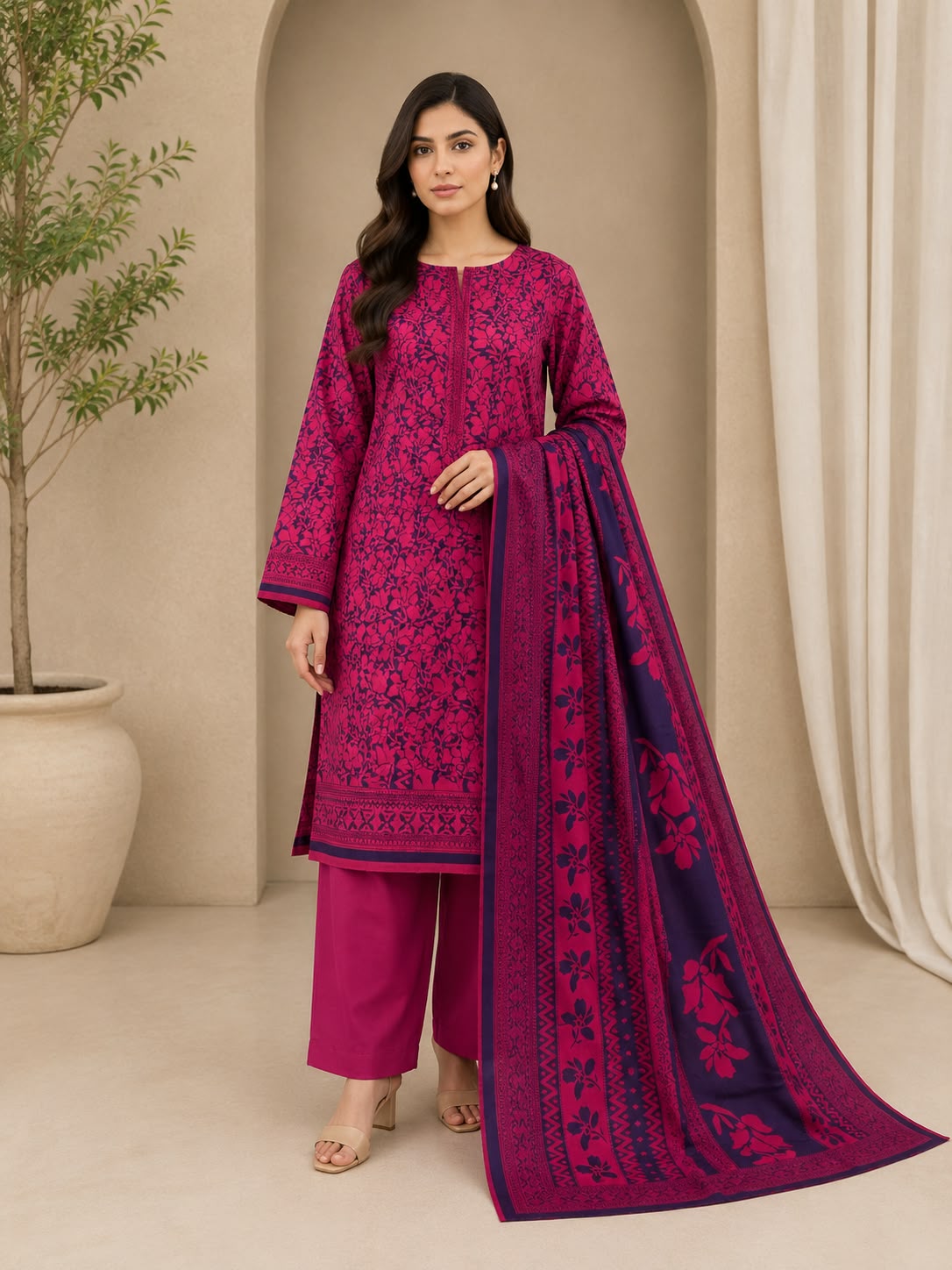 : Elegant Magenta Floral Printed Lawn 3-Piece Suit with Printed Dupatta