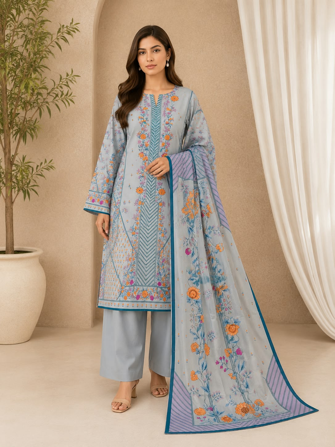 Elegant Sky Blue Floral Printed Lawn 3-Piece Suit with Printed Dupatta