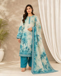 Elegant Turquoise Blue Tropical Printed Lawn 3-Piece Suit with Printed Dupatta