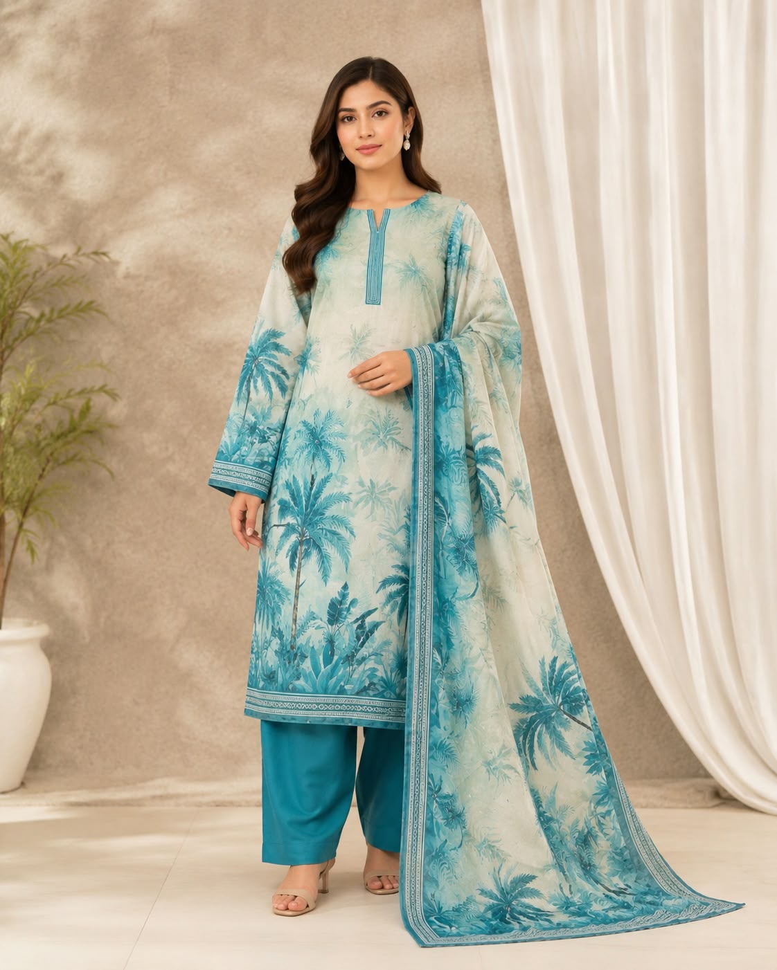Elegant Turquoise Blue Tropical Printed Lawn 3-Piece Suit with Printed Dupatta