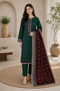 : Elegant Dark Green & Maroon Printed 3-Piece Suit with Printed Dupatta