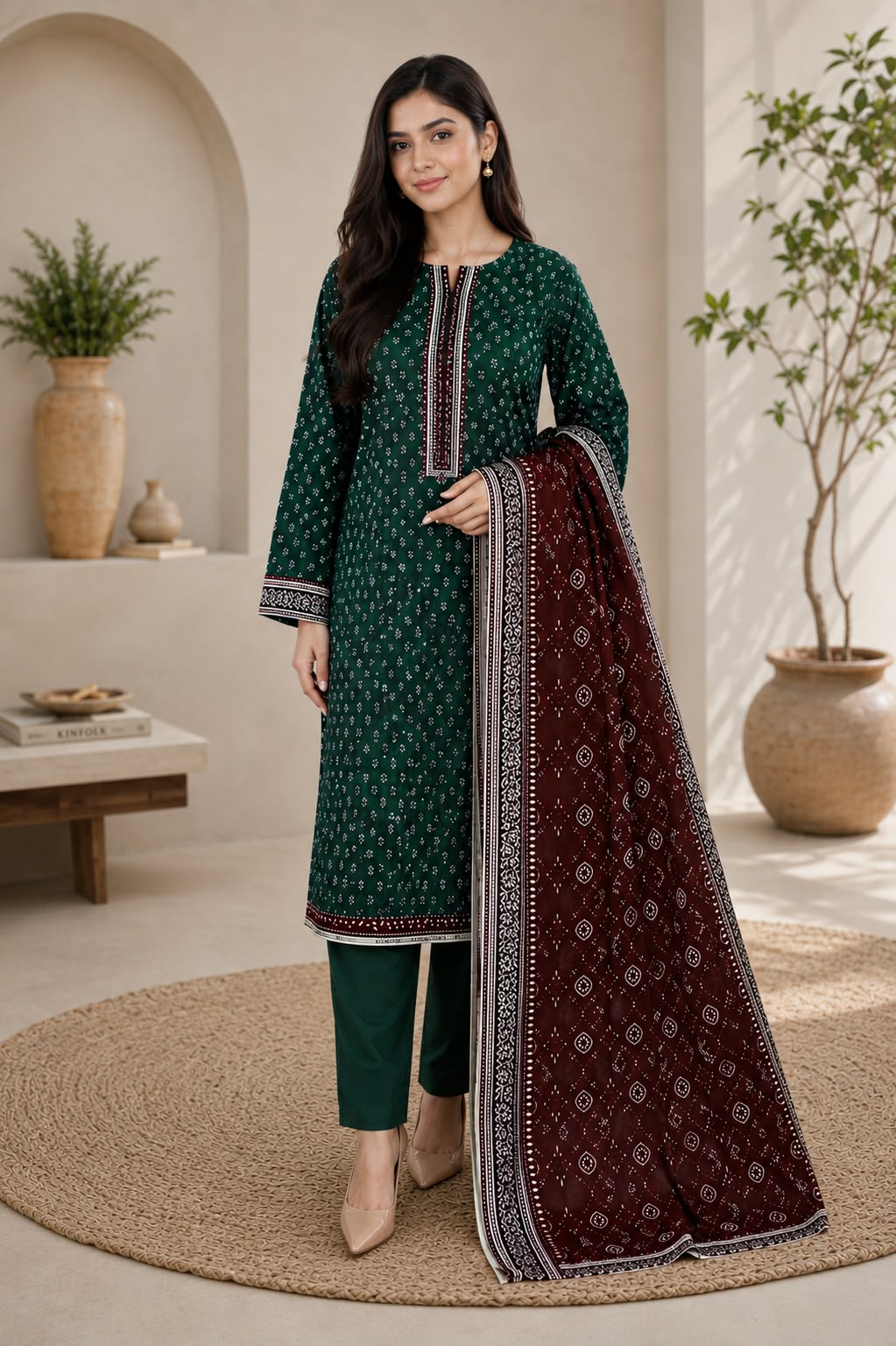 : Elegant Dark Green & Maroon Printed 3-Piece Suit with Printed Dupatta