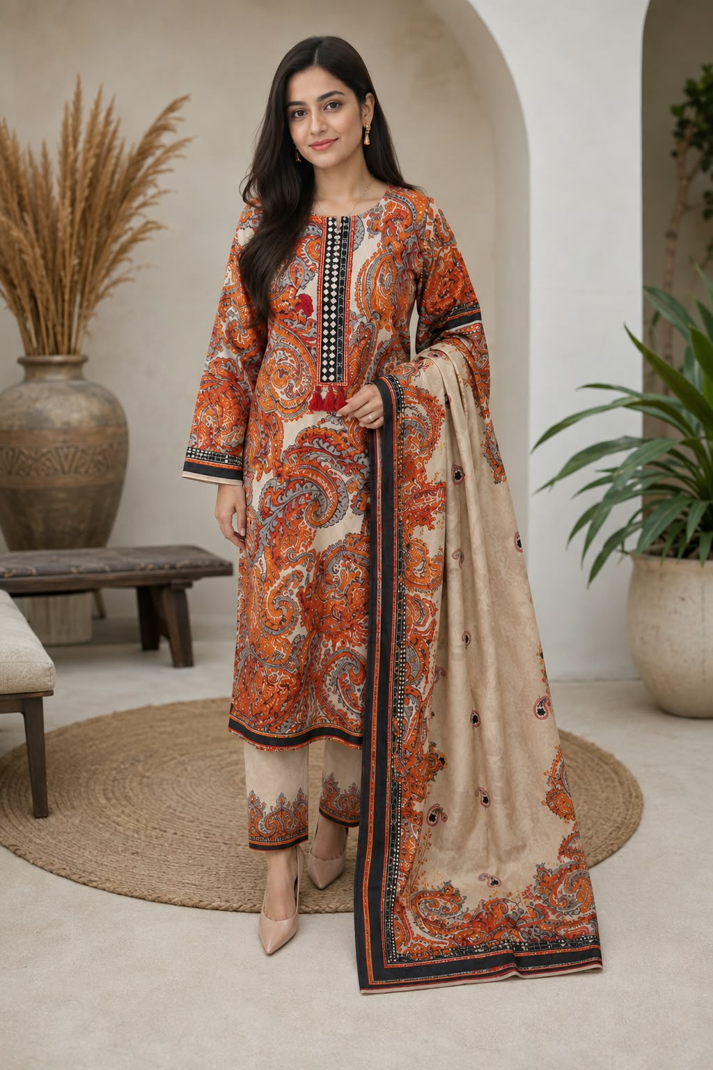 Elegant Rust Orange Paisley Printed 3-Piece Suit with Printed Dupatta